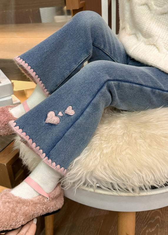 Modern Denim Blue Love Pockets Warm Fleece Crop Flared Pants Spring