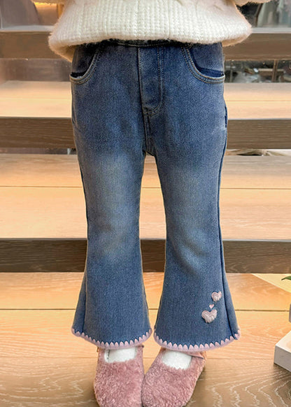 Modern Denim Blue Love Pockets Warm Fleece Crop Flared Pants Spring