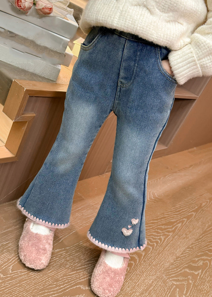 Modern Denim Blue Love Pockets Warm Fleece Crop Flared Pants Spring