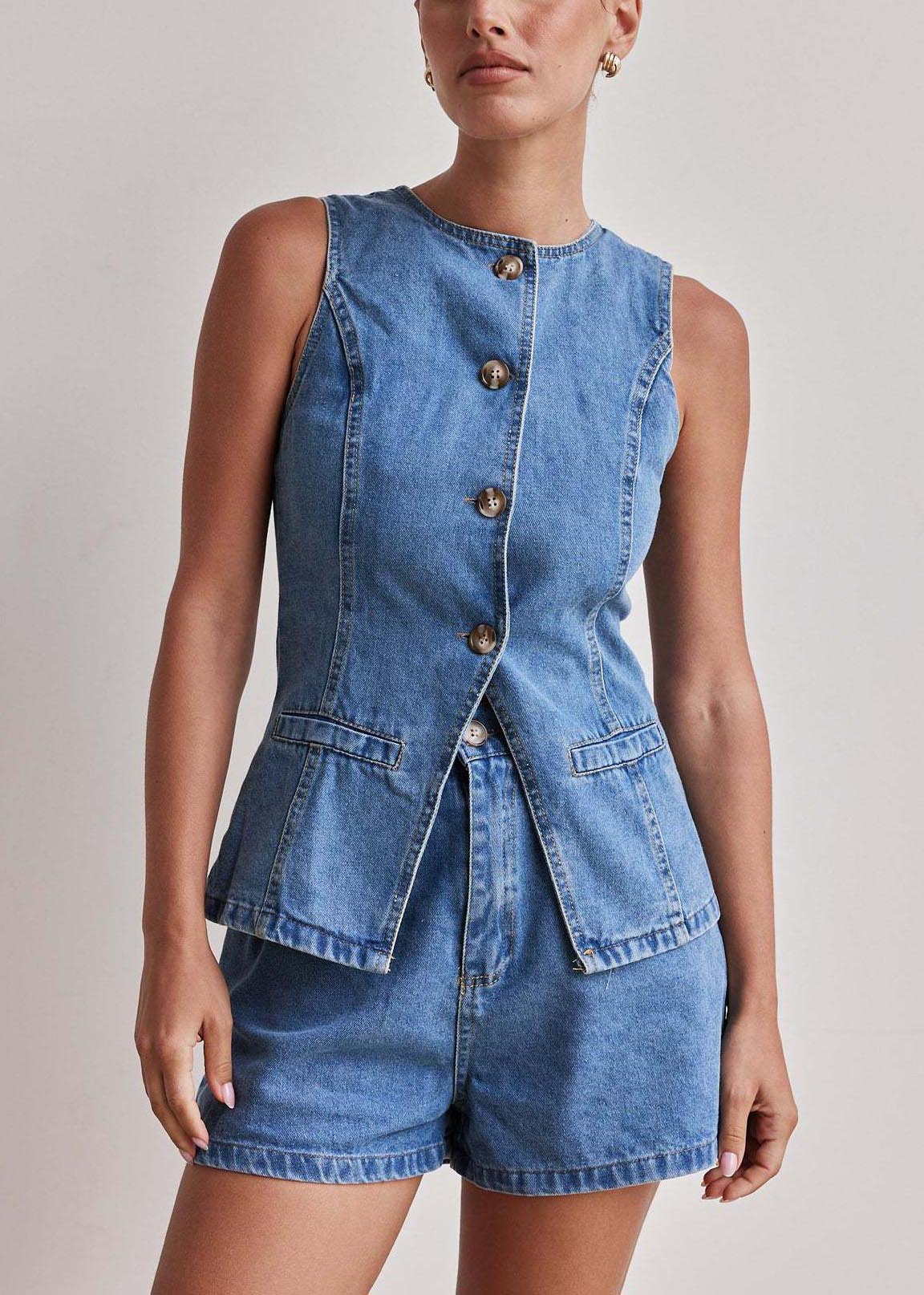 Modern Denim Blue Silm Fit Vests and Shorts Two Pieces Set Sleeveless