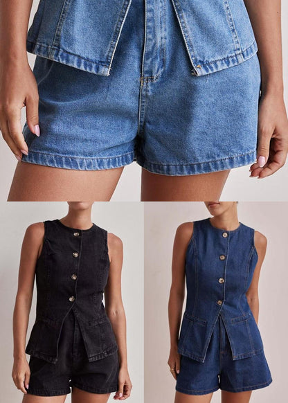 Modern Denim Blue Silm Fit Vests and Shorts Two Pieces Set Sleeveless