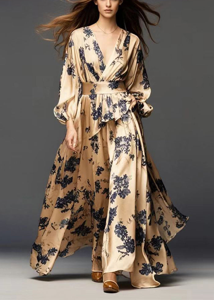 Modern Golden Cinched Print Silk Dress Spring