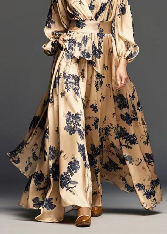 Modern Golden Cinched Print Silk Dress Spring