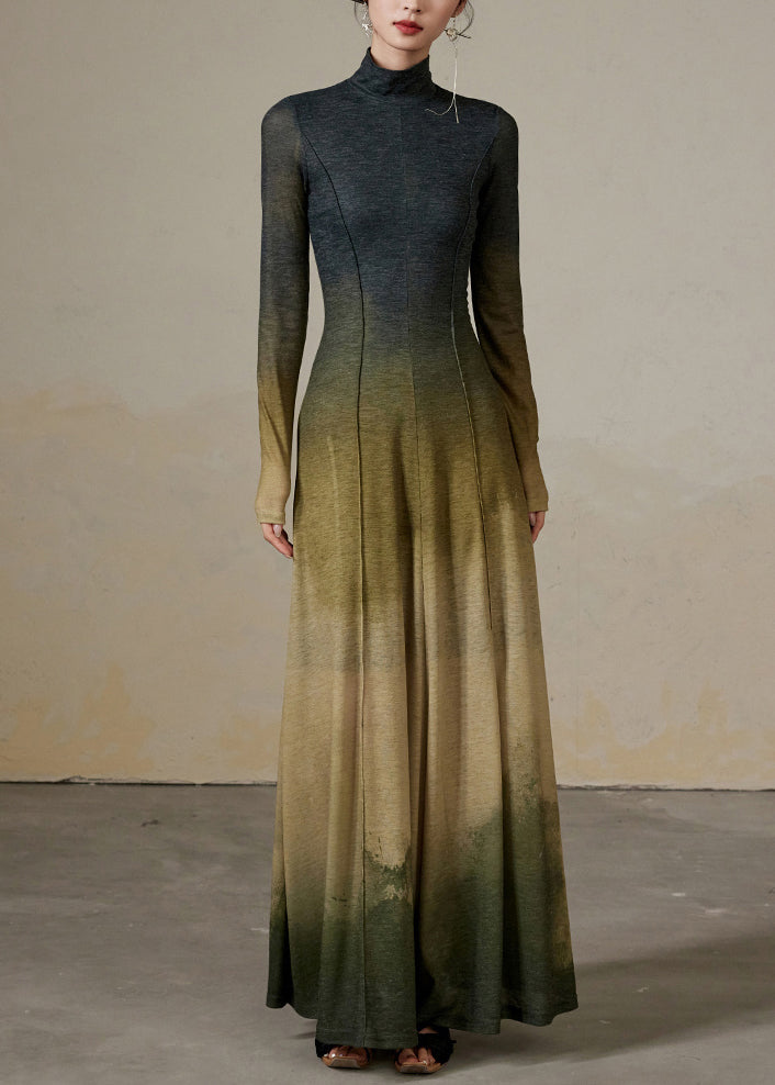 Modern Gradient Color Hign Neck Slim Fit Cotton Dress Spring