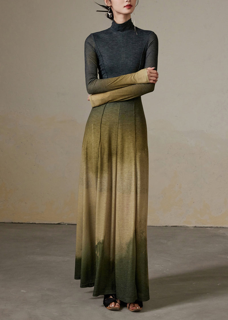 Modern Gradient Color Hign Neck Slim Fit Cotton Dress Spring