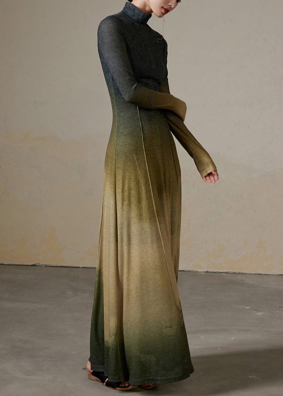 Modern Gradient Color Hign Neck Slim Fit Cotton Dress Spring