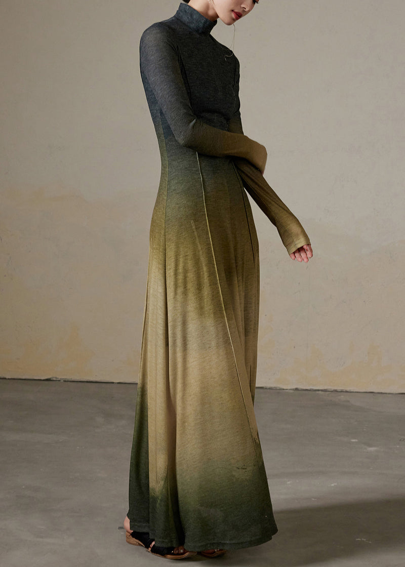 Modern Gradient Color Hign Neck Slim Fit Cotton Dress Spring