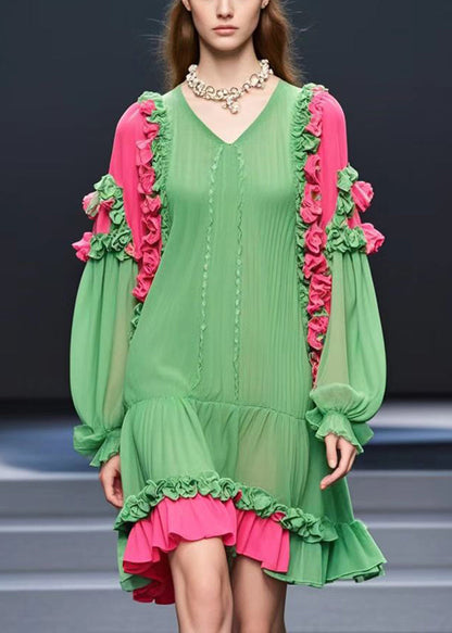 Modern Grass Green Ruffled Chiffon Tea Dresses Fall