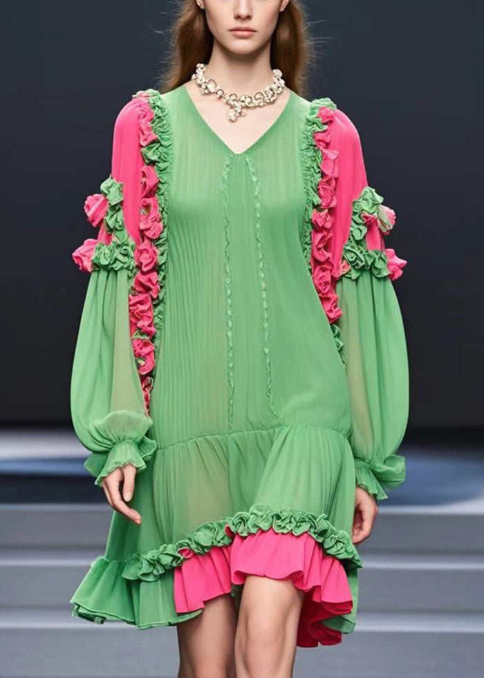 Modern Grass Green Ruffled Chiffon Tea Dresses Fall