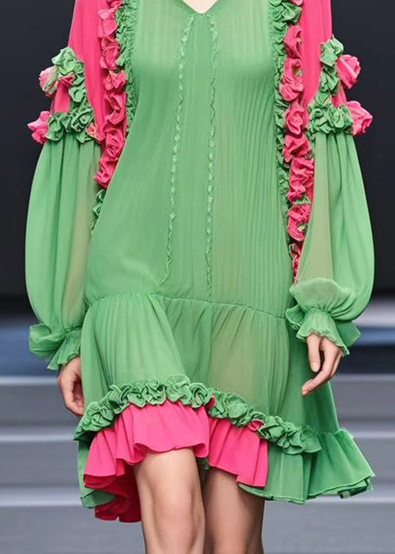 Modern Grass Green Ruffled Chiffon Tea Dresses Fall