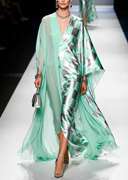 Modern Green Asymmetrical Patchwork Chiffon Party Dress Batwing Sleeve
