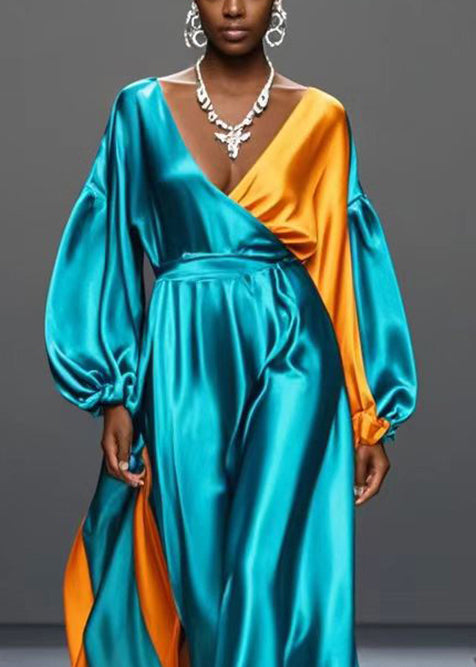 Modern Green Asymmetrical Patchwork Draping Silk Party Dress Spring