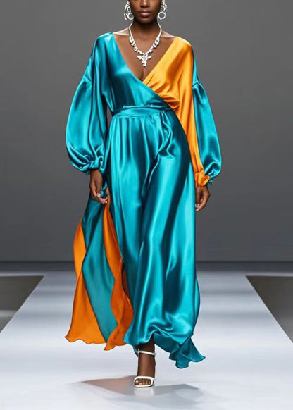 Modern Green Asymmetrical Patchwork Draping Silk Party Dress Spring