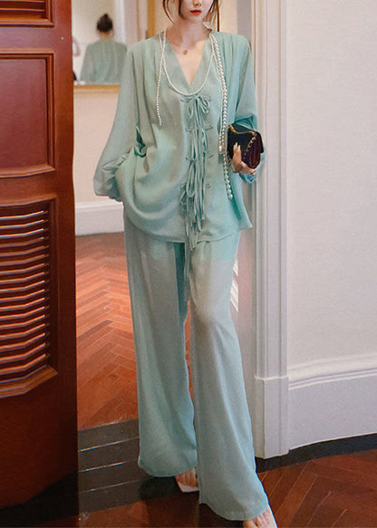 Modern Green O-neck Chiffon Top and Wide Leg Pants Two Piece Set Spring