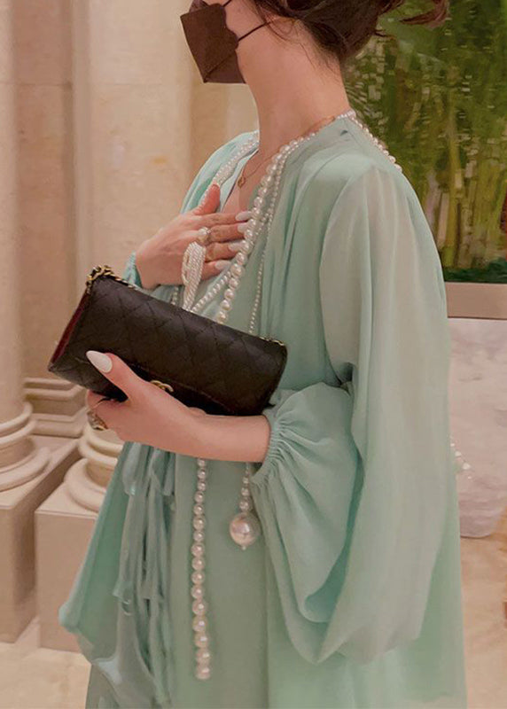 Modern Green O-neck Chiffon Top and Wide Leg Pants Two Piece Set Spring