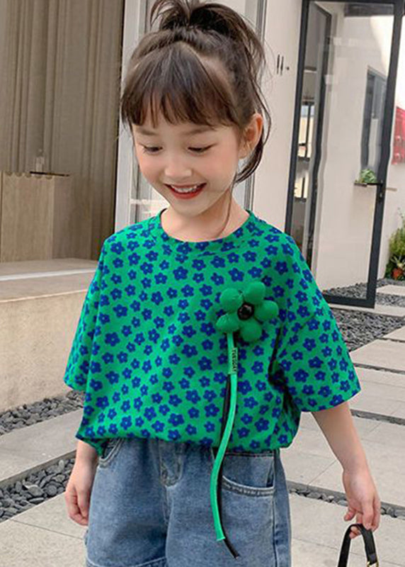 Modern Green O-neck Print T Shirt Short Sleeve