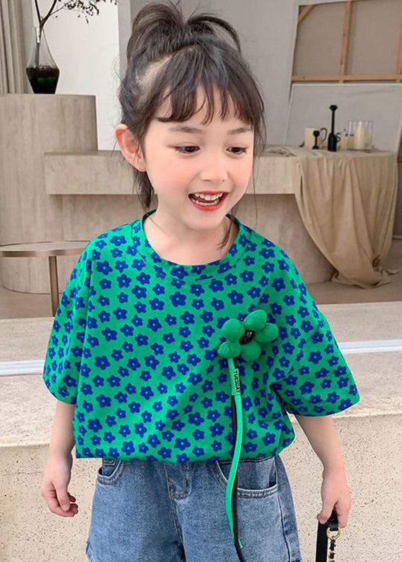 Modern Green O-neck Print T Shirt Short Sleeve