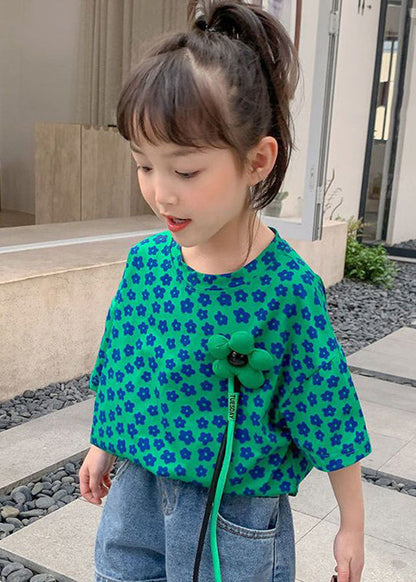 Modern Green O-neck Print T Shirt Short Sleeve