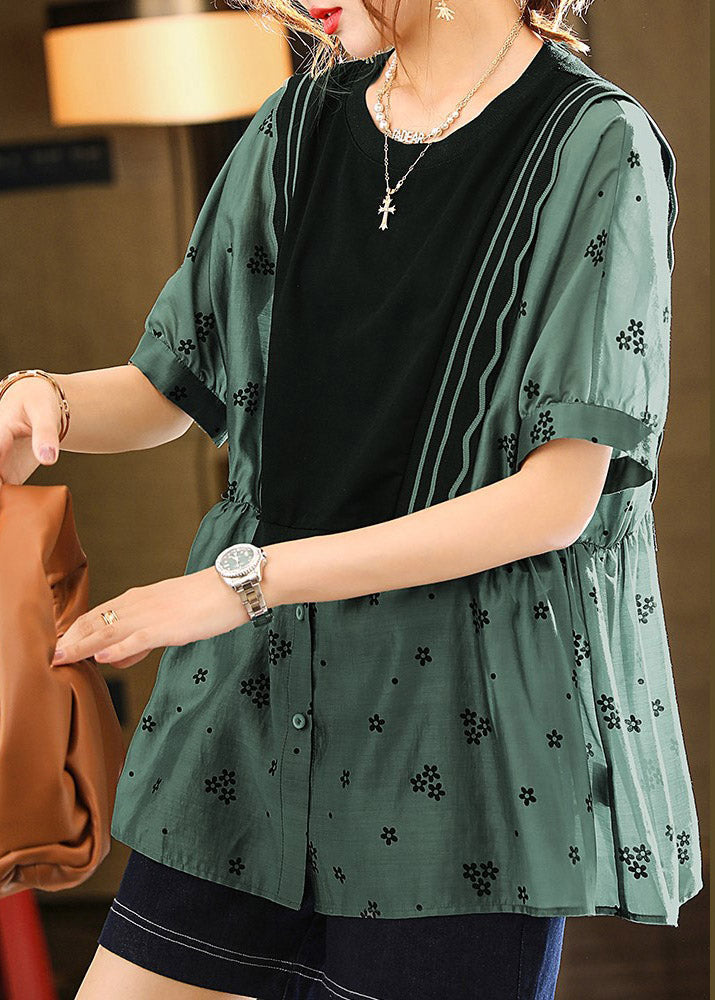 Modern Green O-neck Print Patchwork Wrinkled Button Shirts Short Sleeve