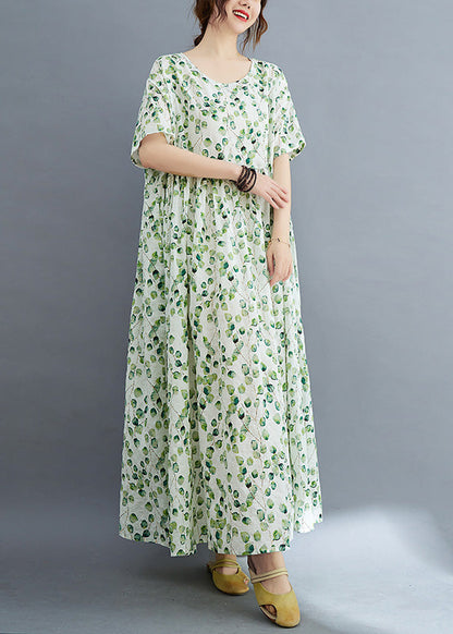 Modern Green O-neck Print Wrinkled Holiday Maxi Dress Summer