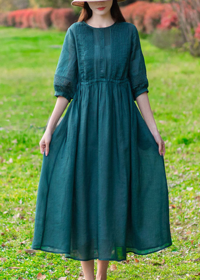 Modern Green O-neck Wrinkled Button Color Linen Cinch Dress Half Sleeve