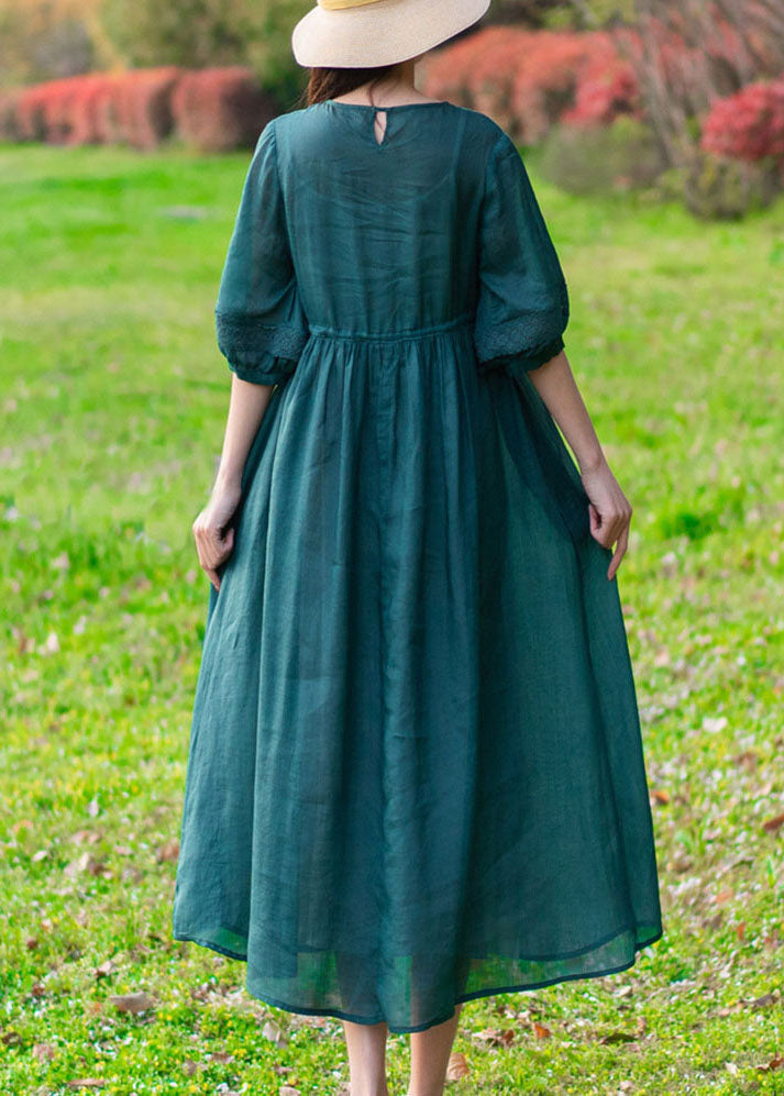 Modern Green O-neck Wrinkled Button Color Linen Cinch Dress Half Sleeve