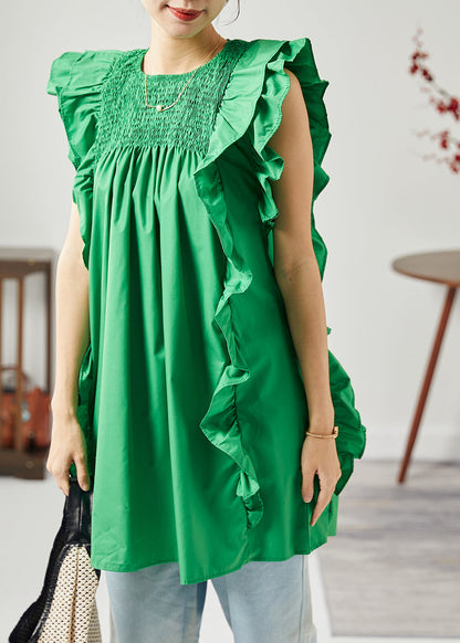 Modern Green O-neck Wrinkled Patchwork Ruffles Cotton Tops Sleeveless
