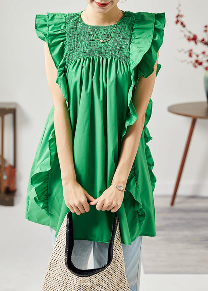 Modern Green O-neck Wrinkled Patchwork Ruffles Cotton Tops Sleeveless