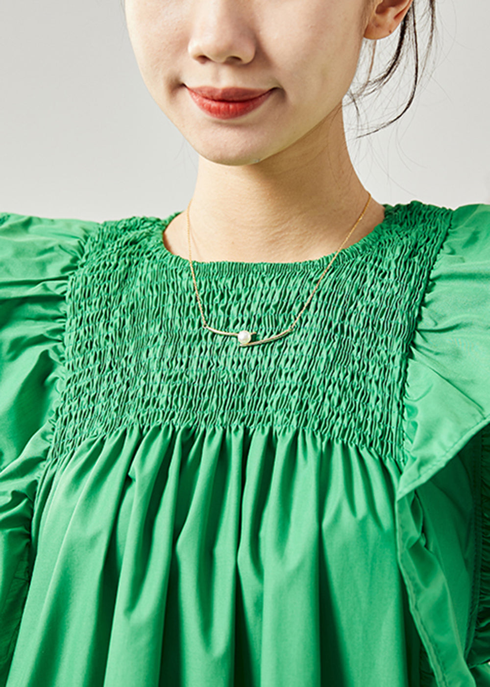 Modern Green O-neck Wrinkled Patchwork Ruffles Cotton Tops Sleeveless