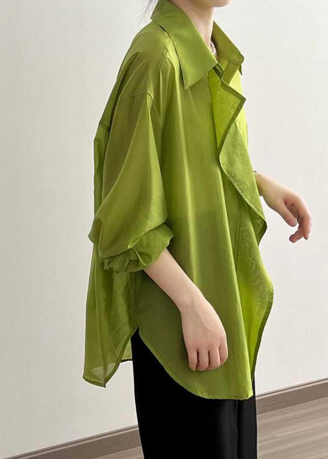 Modern Green Peter Pan Collar Patchwork Button Solid Shirts Spring