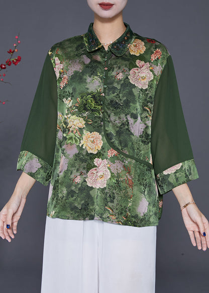 Modern Green Peter Pan Collar Print Silk Blouses Bracelet Sleeve