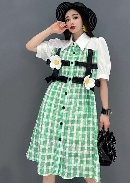 Modern Green Plaid Peter Pan Collar Patchwork Maxi Dress Short Sleeve