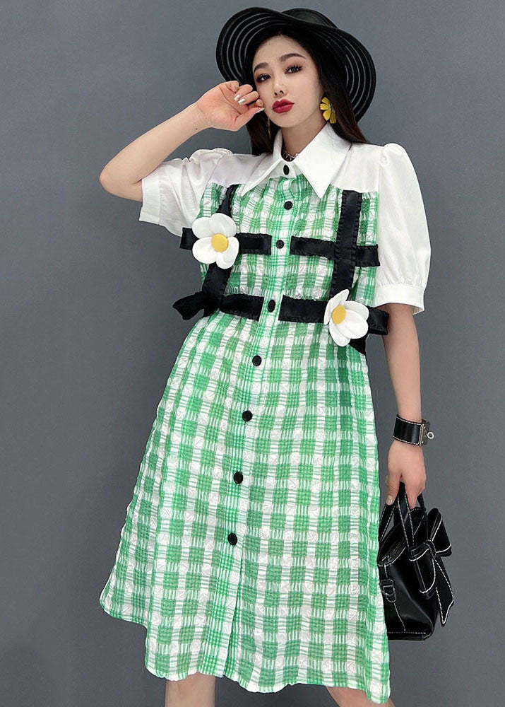 Modern Green Plaid Peter Pan Collar Patchwork Maxi Dress Short Sleeve