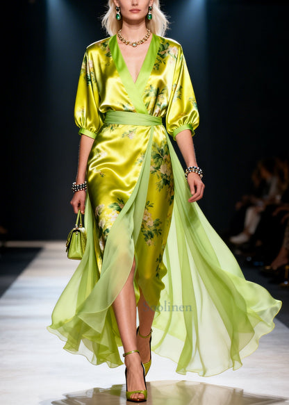 Modern Green Print Patchwork Exra Large Hem Silk Dress Summer