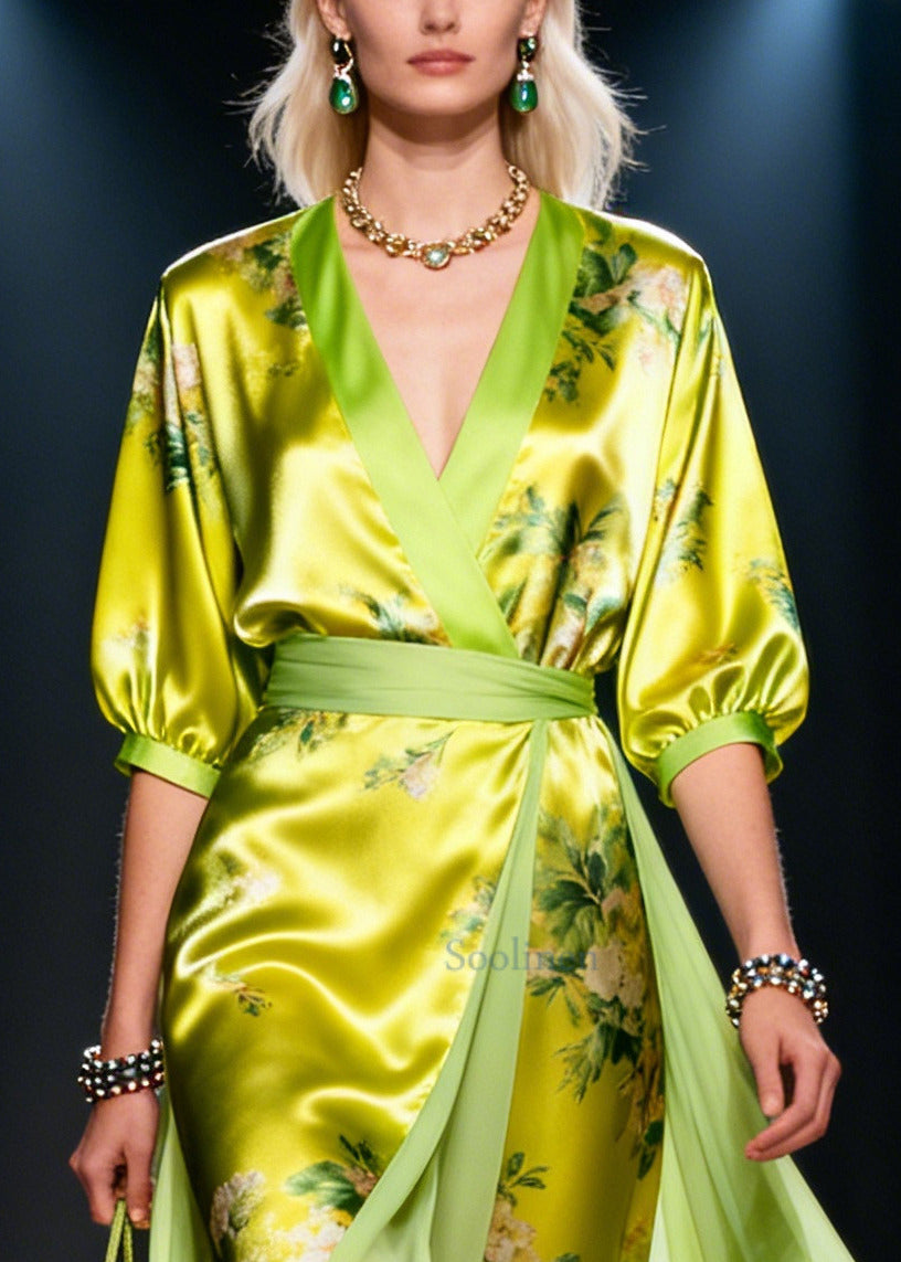 Modern Green Print Patchwork Exra Large Hem Silk Dress Summer