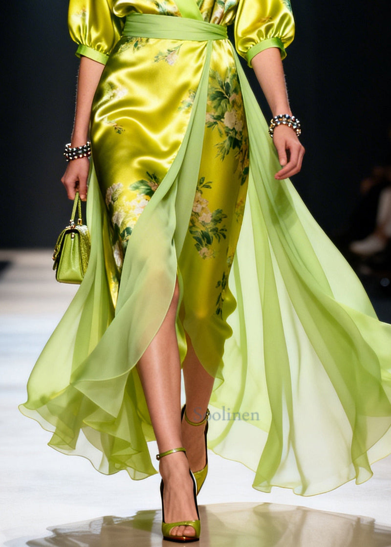 Modern Green Print Patchwork Exra Large Hem Silk Dress Summer