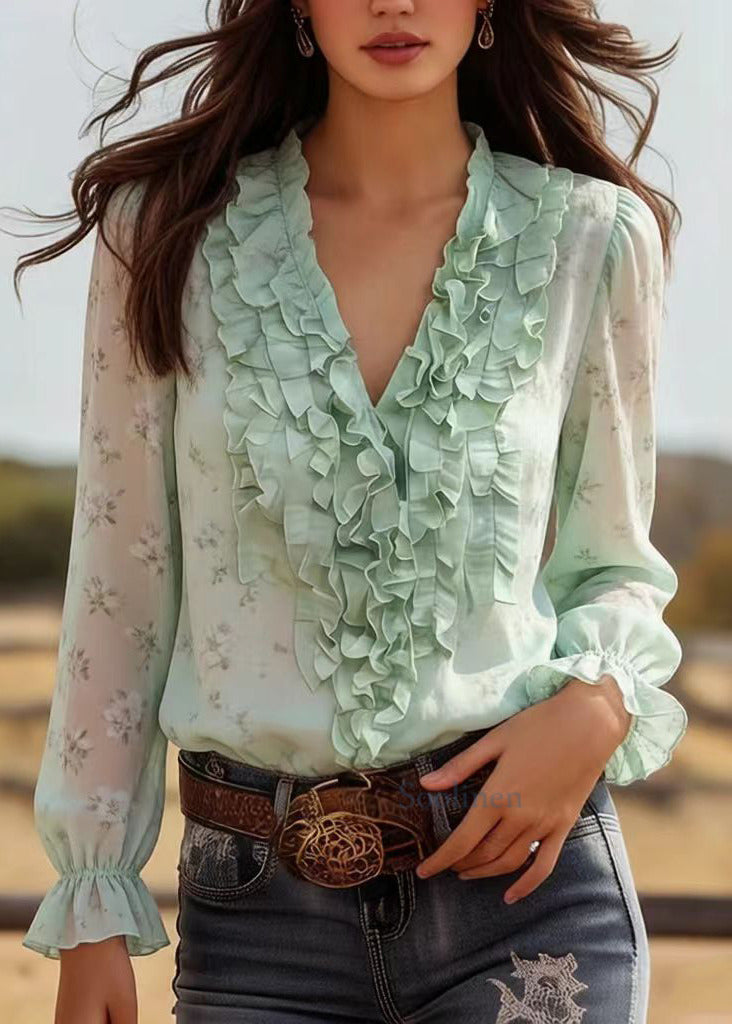 Modern Green Ruffled Print Chiffon Tops Spring