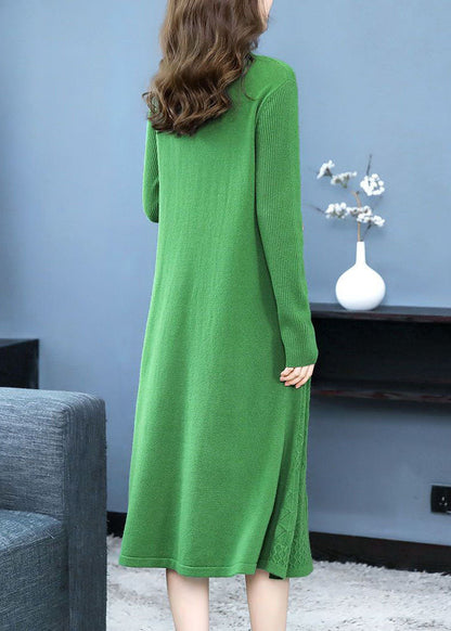Modern Green Stand Collar Jacquard Color Knitted Long Dress Long Sleeve