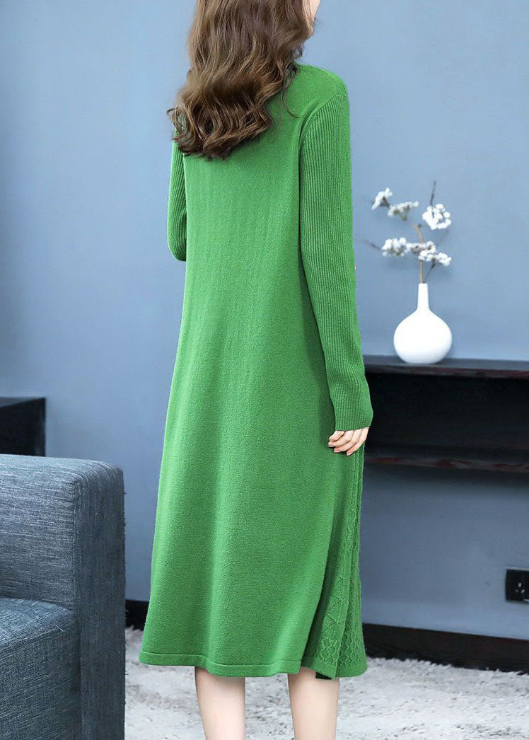 Modern Green Stand Collar Jacquard Color Knitted Long Dress Long Sleeve