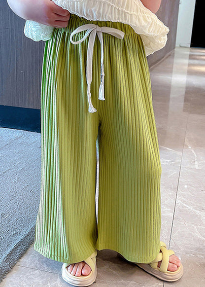 Modern Green Striped Patchwork Tie Waist Ice Silk Pants