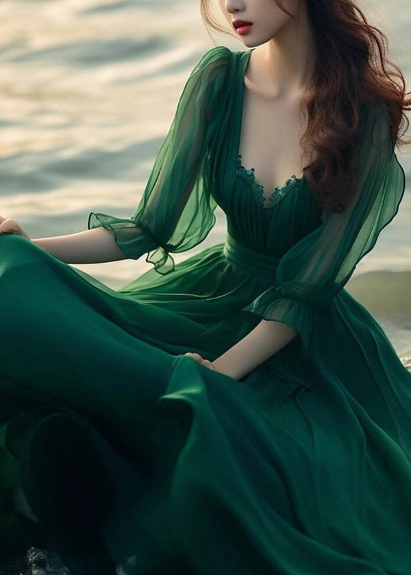 Modern Green V Neck Exra Large Hem Chiffon Maxi Dress Spring