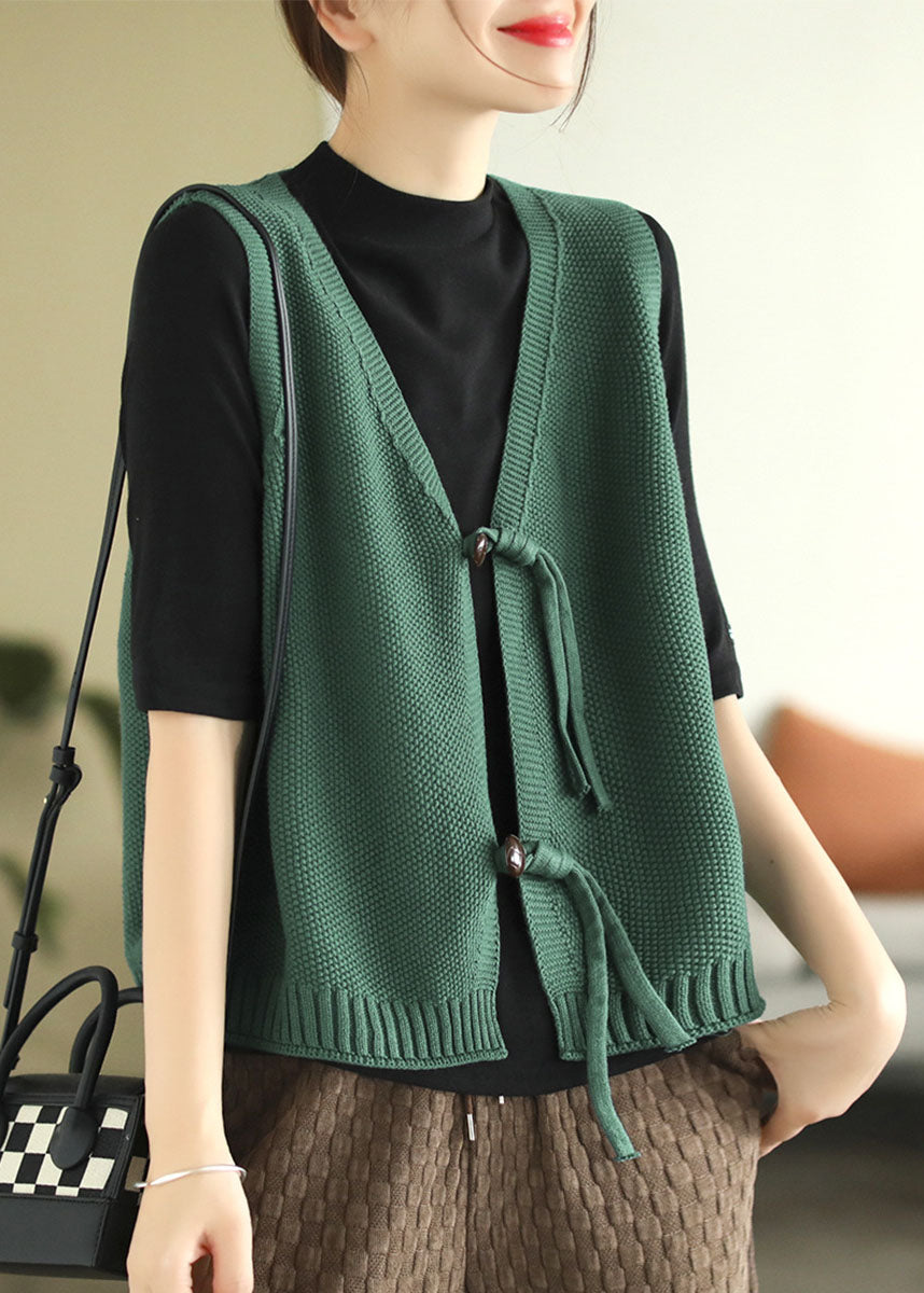 Modern Green V Neck Knit Vest Tops Sleeveless