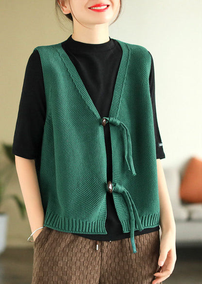 Modern Green V Neck Knit Vest Tops Sleeveless
