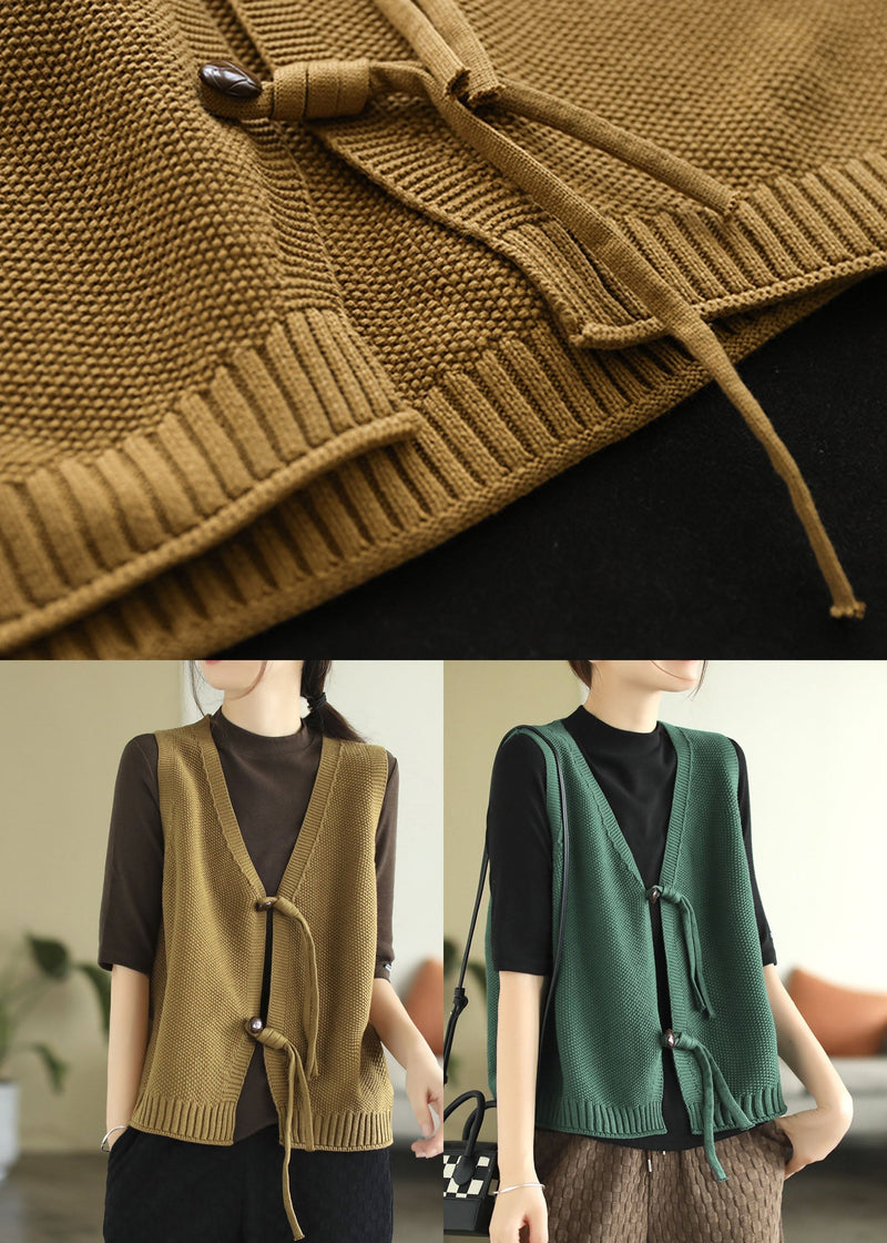Modern Green V Neck Knit Vest Tops Sleeveless