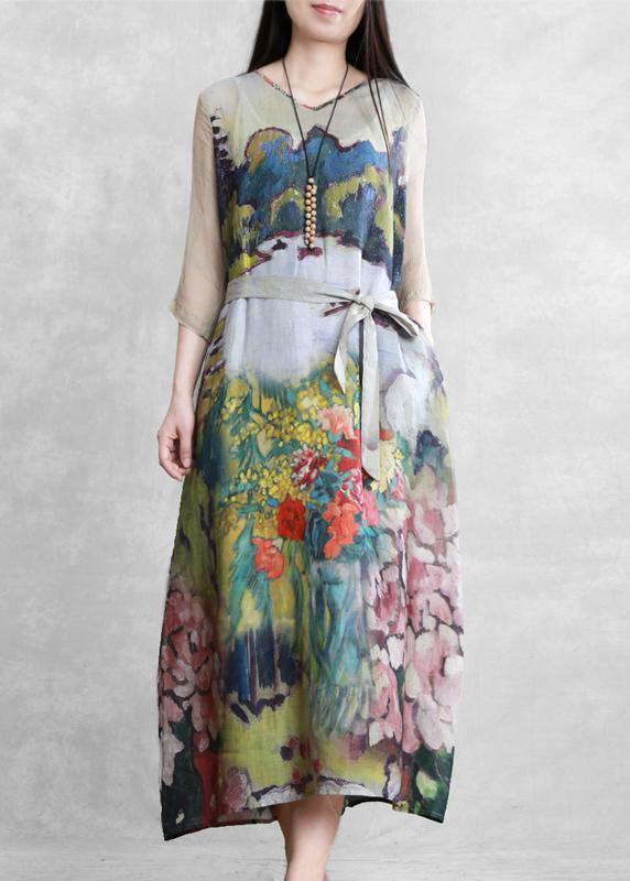 Modern Green Art Print Clothes for V Neck Tie Waist Long Summer Dresses