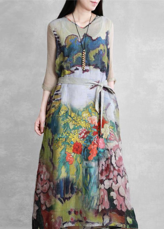 Modern Green Art Print Clothes for V Neck Tie Waist Long Summer Dresses