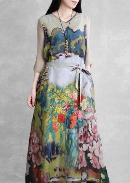 Modern Green Art Print Clothes for V Neck Tie Waist Long Summer Dresses