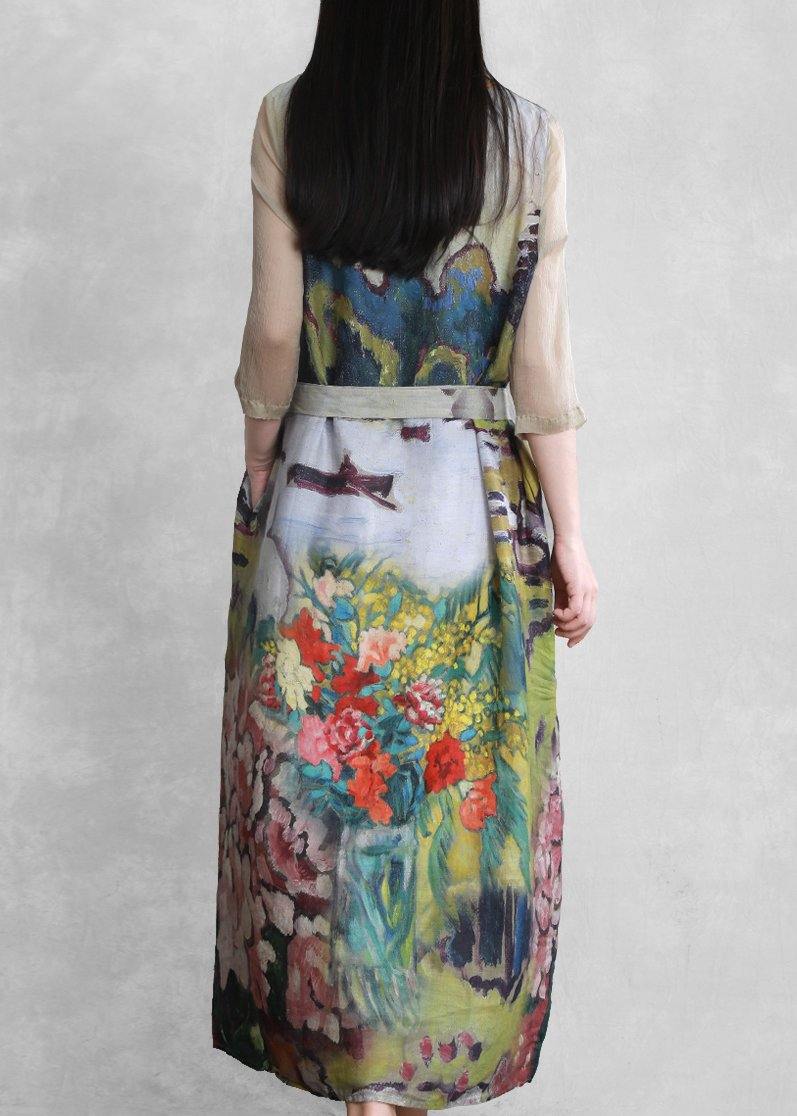 Modern Green Art Print Clothes for V Neck Tie Waist Long Summer Dresses