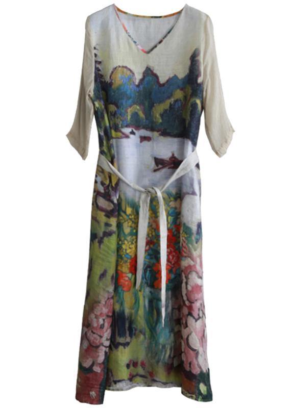 Modern Green Art Print Clothes for V Neck Tie Waist Long Summer Dresses