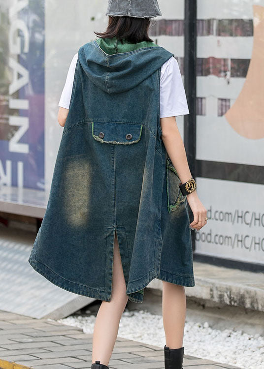 Modern Green Hooded Button Pockets Fall Top Sleeveless Waistcoat